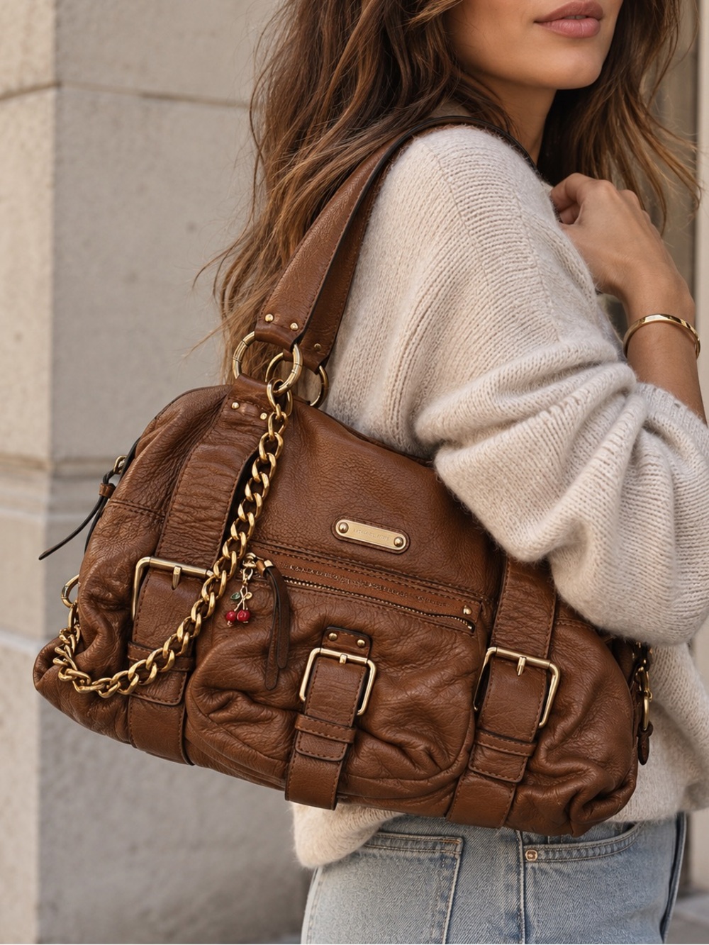 Michael Kors Brown Pebbled Leather Satchel Shoulder Bag Gold chain cherry charm
